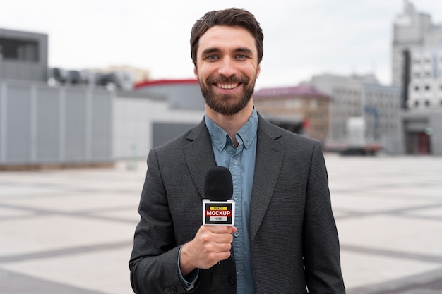 PSD gros plan sur un journaliste tenant une maquette de microphone