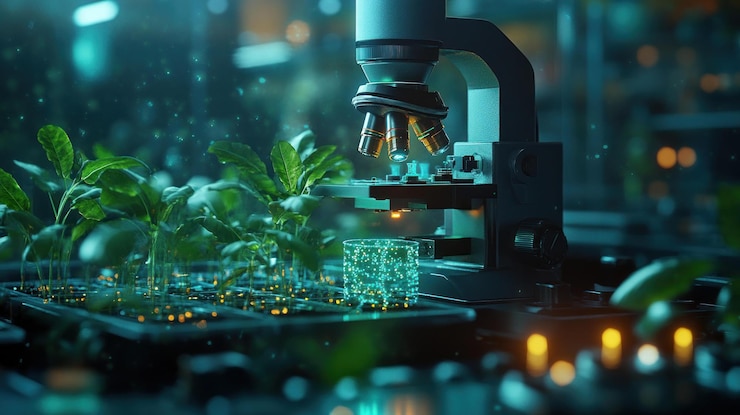 PSD un gros plan d'un microscope examinant un échantillon de plante dans un laboratoire futuriste