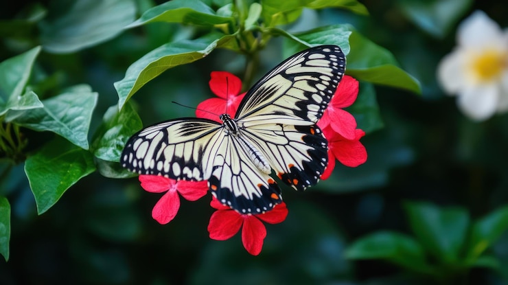 PSD un gros plan d'un papillon noir et blanc perché sur des fleurs rouges vibrantes au milieu d'un feuillage vert luxuriant