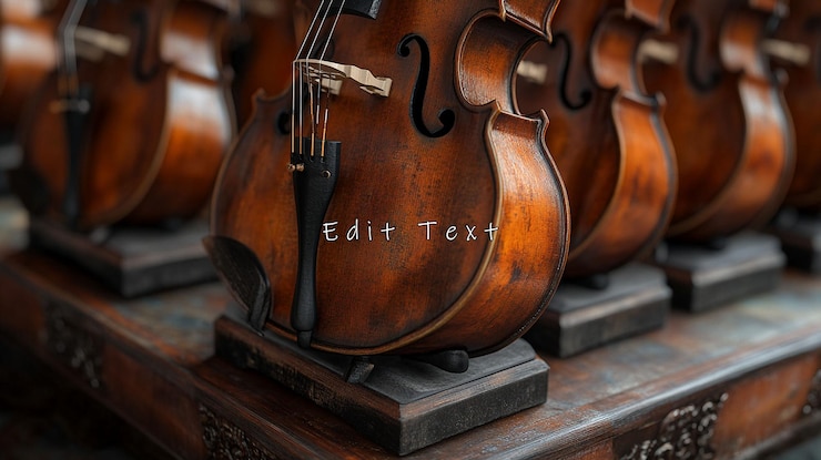 PSD un gros plan de plusieurs violons exposés