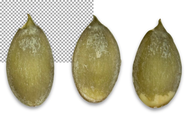 Gros plan de trois graines de citrouille pelées isolées sur un fond transparent