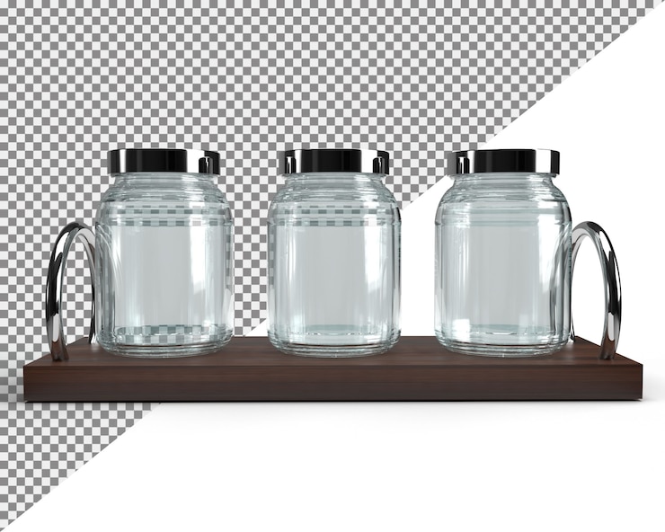 PSD gros plan sur le verre de bocal sur une grille en bois