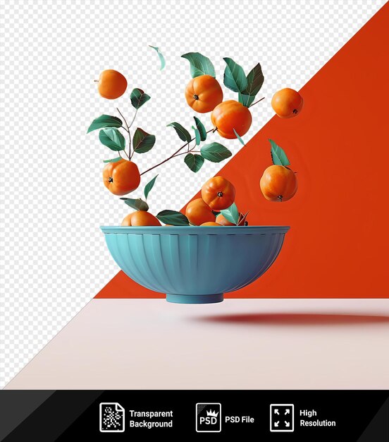 Großartige frische persimmon fliegen in einer blauen schüssel mockup auf orangefarbenem hintergrund png