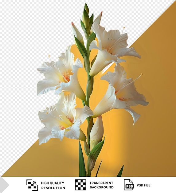 PSD großartige gladiolusblume png clipart weiße blüten und grüne blätter in einer klaren glasvase gegen eine gelbe wand png psd