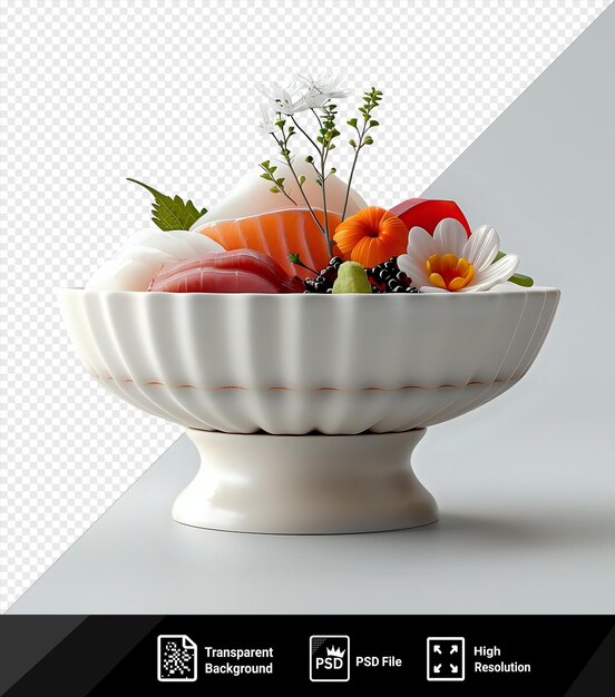 Großartige kaiseki-schüssel mit sushi und blumen auf durchsichtigem hintergrund begleitet von einem grünen blatt und einer weißen blume mit einem dunklen schatten im hintergrund png psd