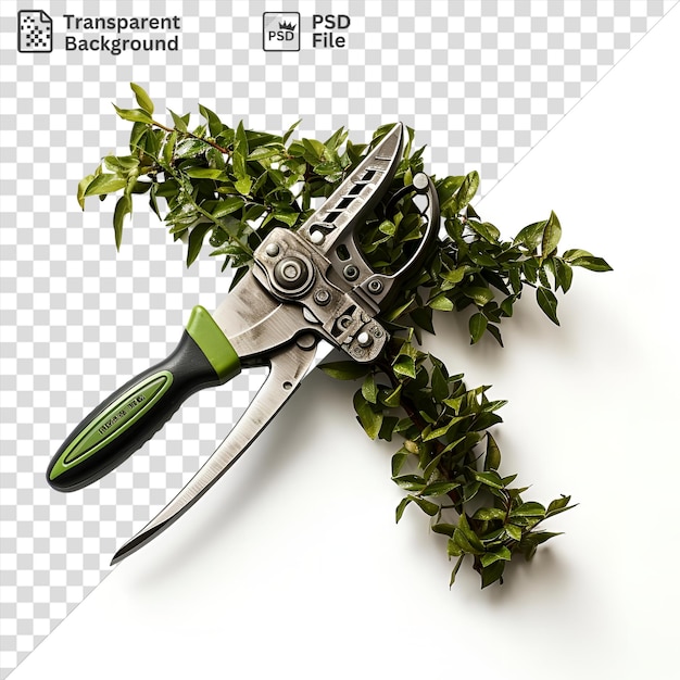 großartige realistische fotografische Baumbauern, Bäume mit einer scharfen Klinge und einem grünen Griff, die auf einem isolierten Hintergrund angezeigt werden