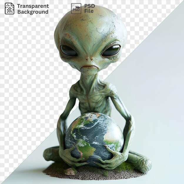 PSD großartiger 3d-alien erforscht die erde mit einem ball, begleitet von einem grünen frosch und einem schwarzen auge, während ein bein und ein schwarzes auge aus dem hintergrund auftauchen