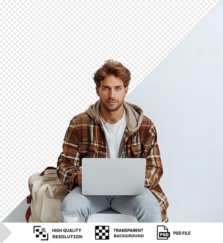 PSD großartiger mann mit kaffee in der nähe des laptops und schaut sich die kamera an png psd
