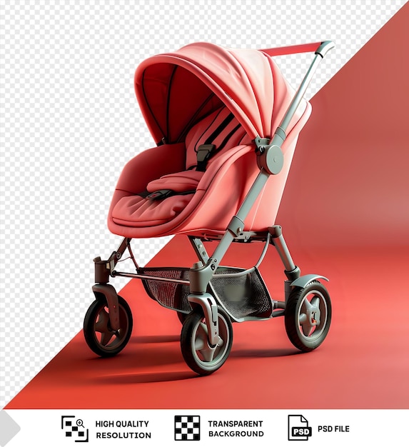 PSD großartiger rosa leerer kinderwagen-mockup mit schwarzen rädern und einem roten und rosa sitz auf einem roten boden gegen eine rote wand, der einen dunklen schatten wirft png psd