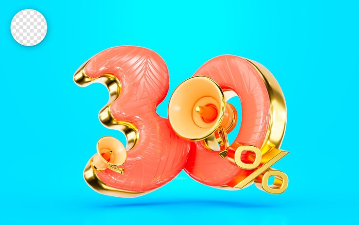 PSD große kündigung 30 prozent rabattangebot mit mega phone goldenem rand 3d-renderkonzept zum verkauf