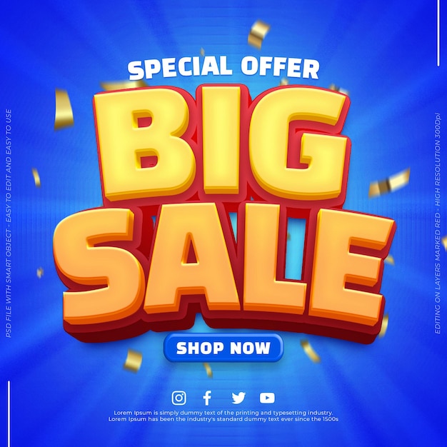 Große Sale-Banner-Vorlagen-Werbung mit bearbeitbarem, kräftigem 3D-Stil-Effekt