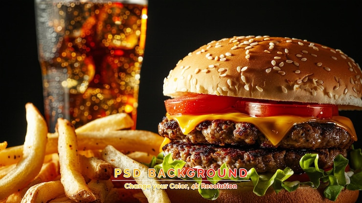 PSD großer einzelner cheeseburger mit einem glas cola und pommes frites auf einem schwarzen holztisch