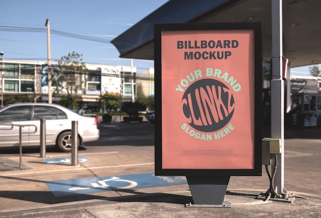 Großes, weißes, leeres Billboard-Modell, das in der Tankstelle ausgestellt ist