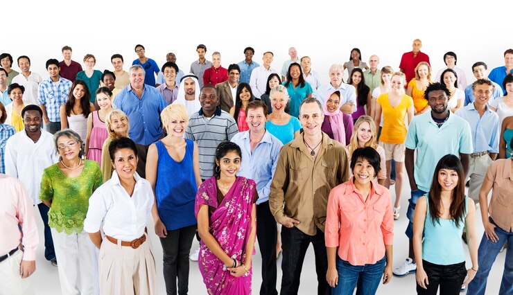 PSD group of diverse people standing together isolated on white