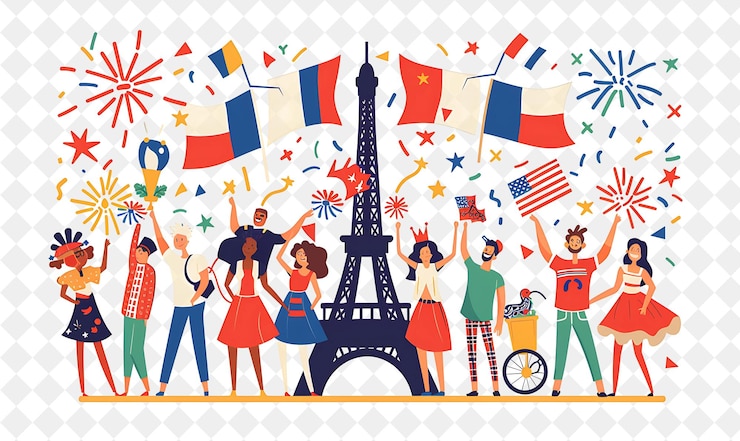 PSD group of friends attending a bastille day parade design is p flat illustration festival of the world