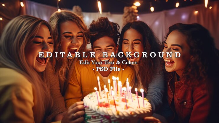 PSD group of happy friends celebrating birthday together on blur glitter background