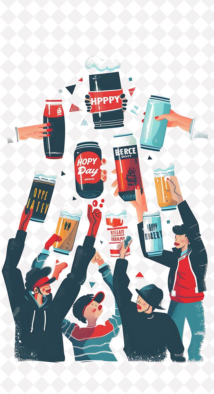 PSD group of people holding up different types of beer cans with flat illustration beer culture design