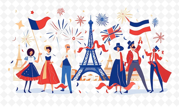 PSD group of people in traditional french attire for bastille da flat illustration culture character