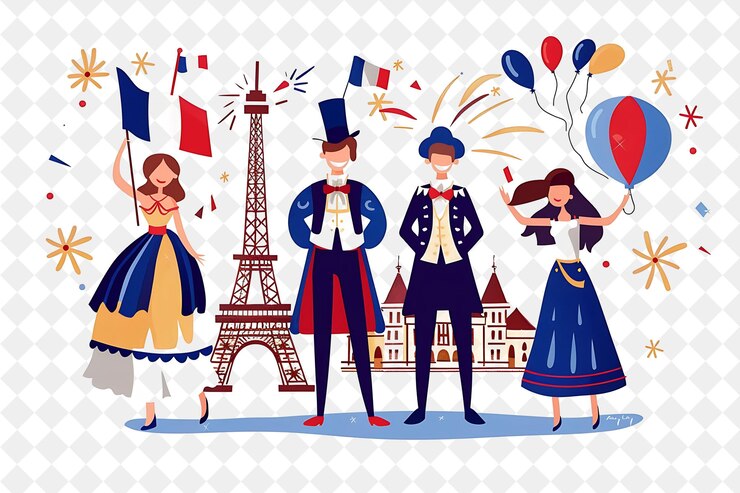 PSD group of people in traditional french attire for bastille da flat illustration festival of the world