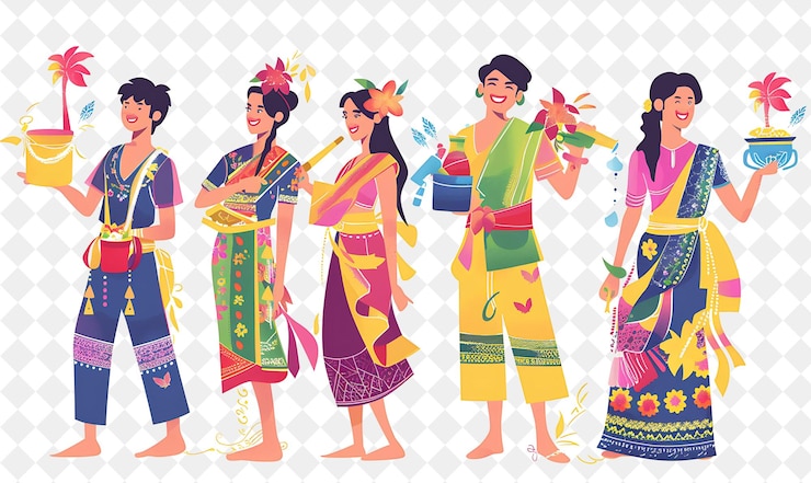PSD group of people in traditional thai attire for songkran fest flat illustration festival of the world