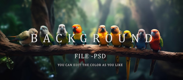 PSD un groupe de beaux oiseaux perchés soigneusement dans une rangée sur un tronc d'arbre