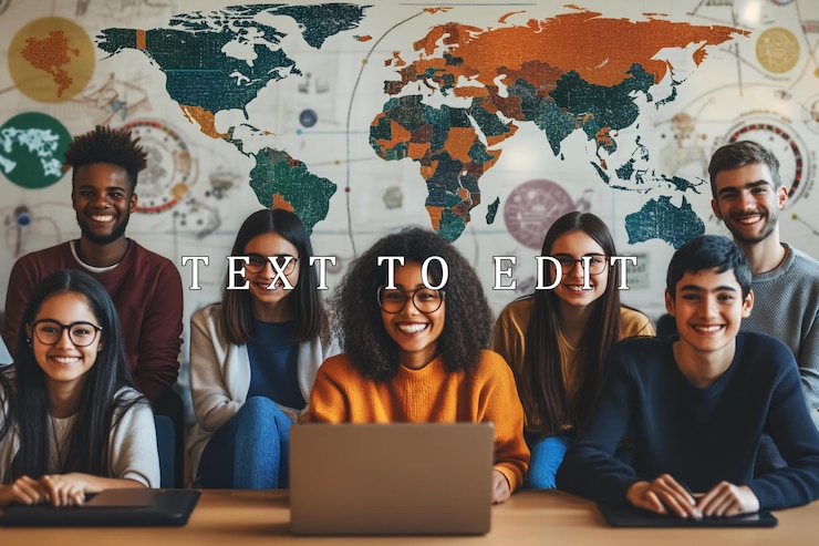 PSD un groupe diversifié d'étudiants heureux collaborant sur un ordinateur portable devant une carte du monde