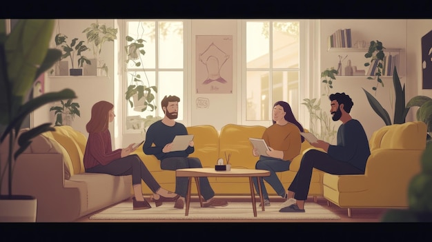 Un groupe diversifié de jeunes adultes collaborant sur des tablettes dans un salon éclairé par le soleil