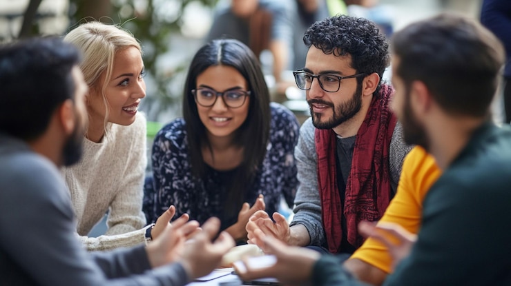 PSD un groupe diversifié de jeunes adultes engagés dans une discussion animée assis en cercle