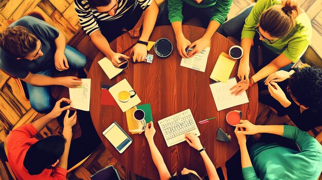 Un groupe diversifié de jeunes collaborant autour d'une table circulaire pour faire du brainstorming et travailler ensemble sur un projet