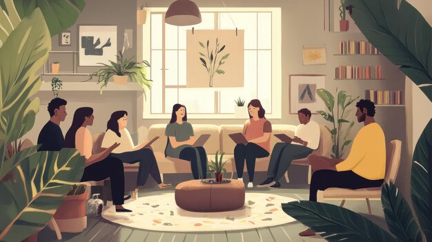 Un groupe diversifié de personnes assises en cercle engagées dans une discussion ou une réunion dans une pièce confortable remplie de plantes
