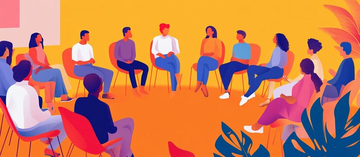 PSD un groupe diversifié de personnes assises en cercle pour une séance de thérapie ou un groupe de soutien