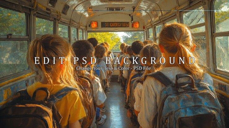 PSD un groupe d'enfants d'école sur un trajet en bus regardant par la fenêtre