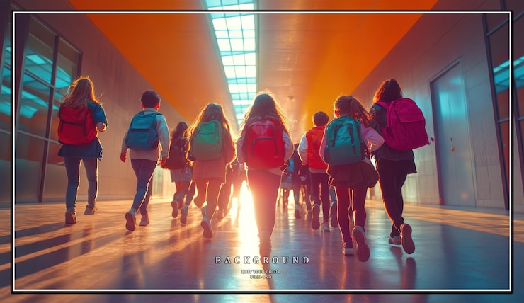 PSD un groupe d'étudiants avec des sacs à dos courent dans un couloir scolaire vers la lumière