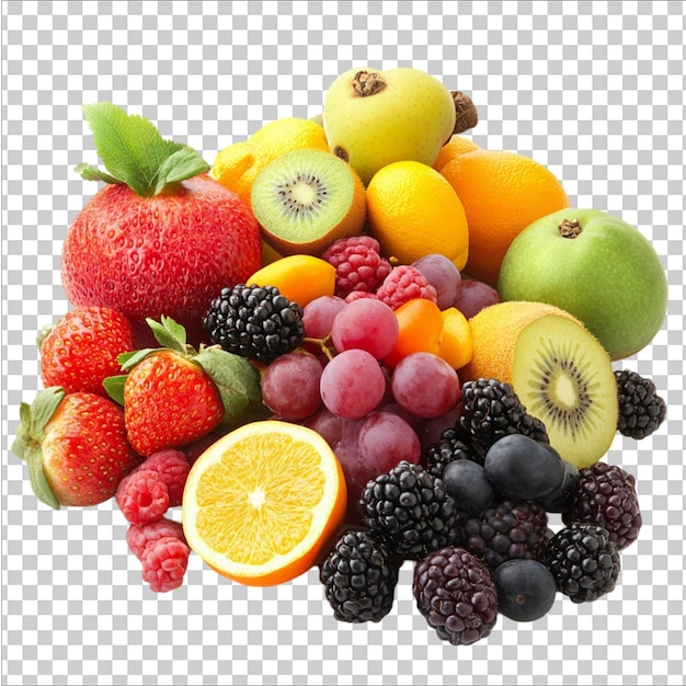 un groupe de fruits différents dont l'un est un fruit sur un fond transparent