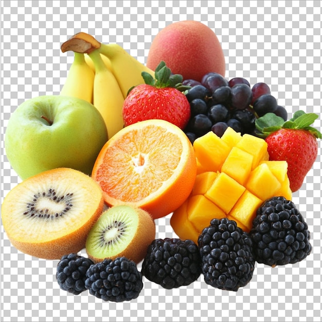 un groupe de fruits différents dont l'un est un fruit sur un fond transparent