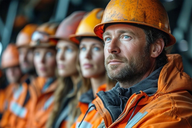 Un Groupe D'ouvriers D'usine En Uniforme Et En Casque Orange