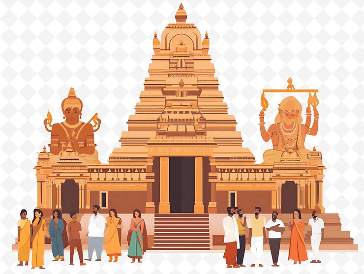 PSD un groupe de personnes debout devant un temple avec une grande statue au milieu