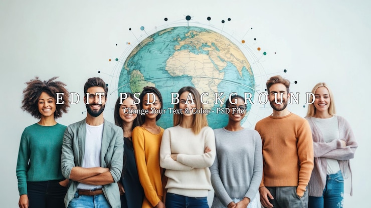 PSD un groupe de personnes diverses devant un globe
