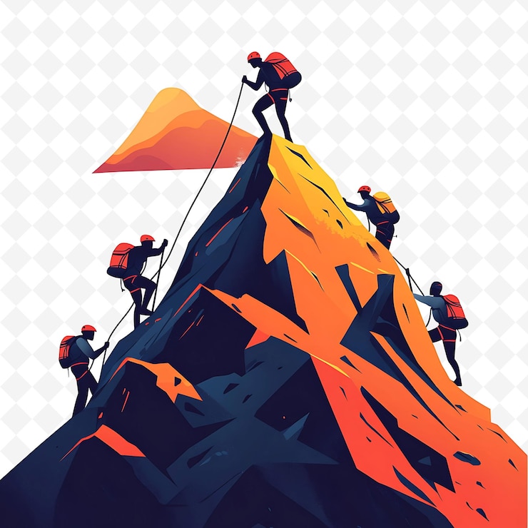 PSD un groupe de personnes grimpant une montagne avec une pyramide au sommet