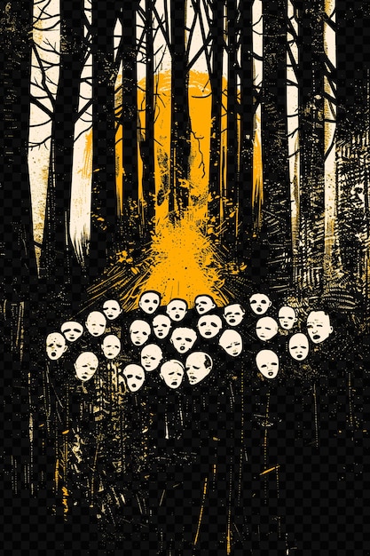 Un Groupe De Personnes Huddled Ensemble Dans La Peur Forêt Sombre Entouré Psd Art Design Concept Bannière D'affiche