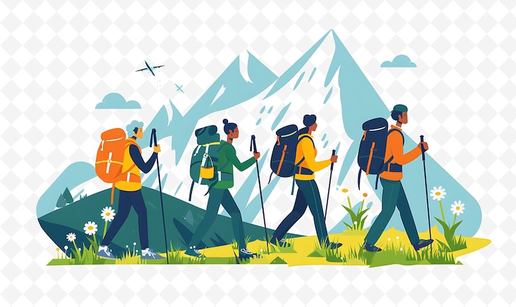 PSD un groupe de personnes avec des sacs à dos marchant devant une montagne