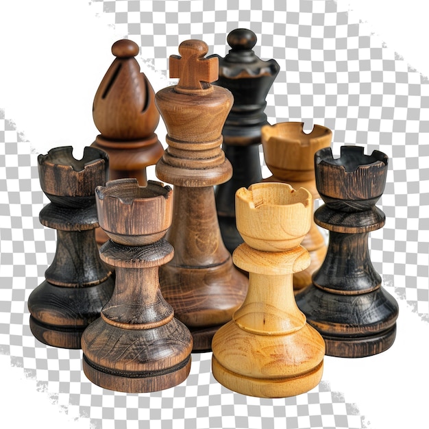 PSD un groupe de pièces d'échecs en bois avec un qui dit échecs sur elle