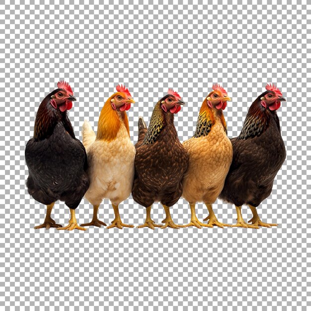 Groupe de poulets de races différentes sur un fond transparent Ai généré