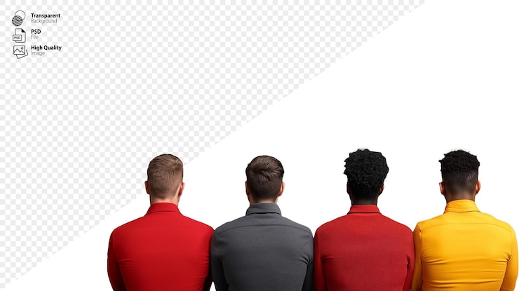 PSD un groupe de quatre hommes divers vus de l'arrière portant des chemises de différentes couleurs sur un fond transparent