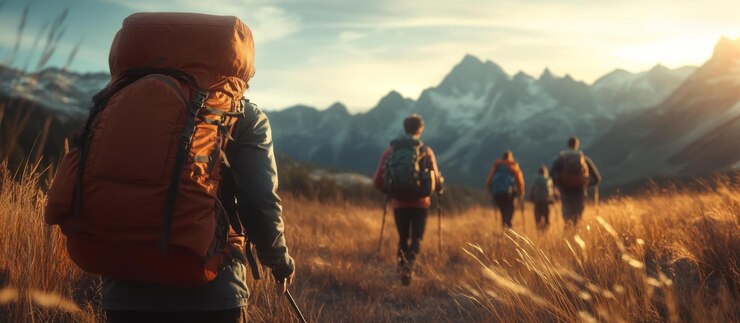 PSD un groupe de randonneurs avec des sacs à dos marchent à travers l'herbe haute vers les montagnes au loin