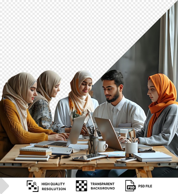 un groupe transparent d'amis assis à la table et passant du temps sur Internet avec un homme en chemise blanche et un foulard orange assis à gauche une femme dans un pull jaune assis png