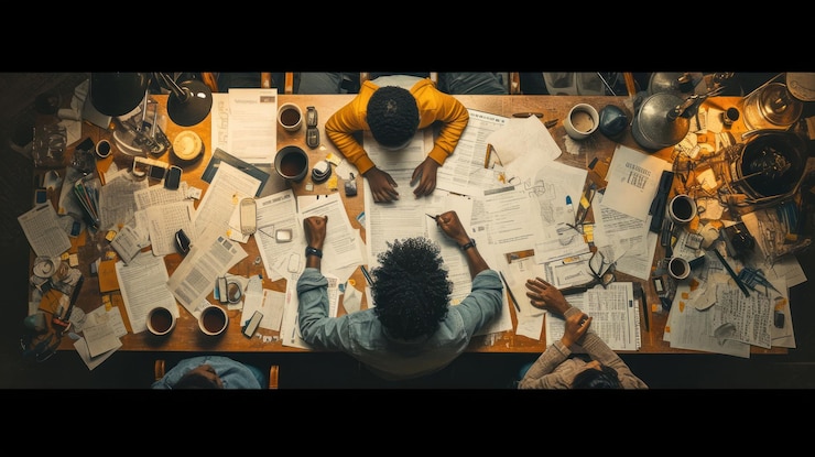 PSD un groupe de trois personnes travaillent ensemble sur un projet entouré de papiers et de tasses de café. ils sont concentrés sur leur tâche et l'atmosphère est celle de la collaboration et de la créativité.