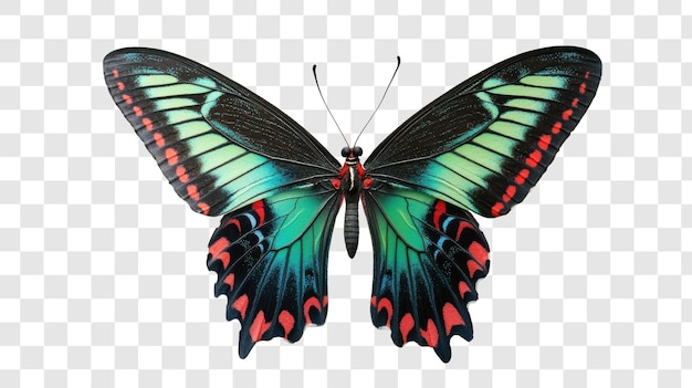 Grün-blauer und roter Schmetterling fliegt isoliert auf durchsichtigem Hintergrund