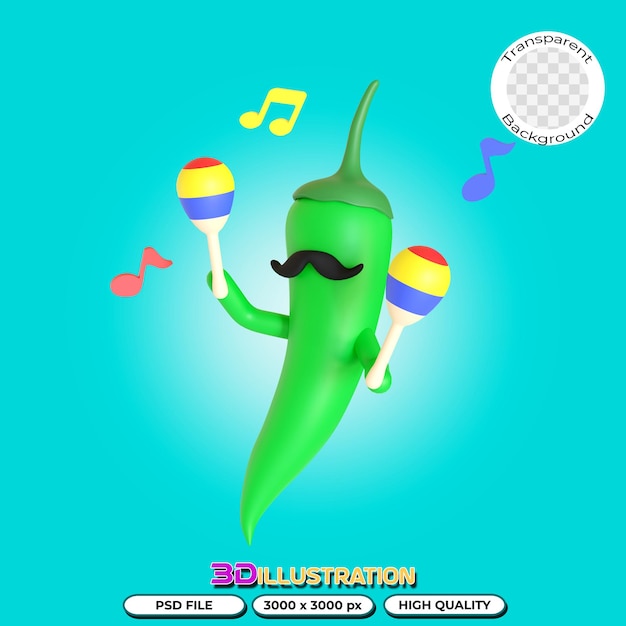 Grüne Chilischoten spielen Maracas 3D-Illustration in transparentem Hintergrund
