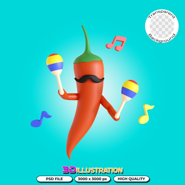 Grüne Chilischoten spielen Maracas 3D-Illustration in transparentem Hintergrund